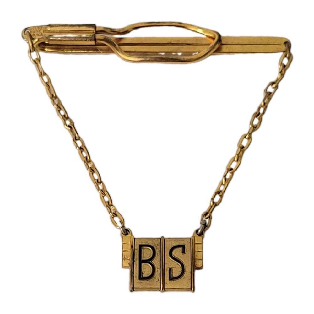 Vintage Hickok Pendant Tie Bar Clip BS Monogram Initials Letters Gold Tone USA